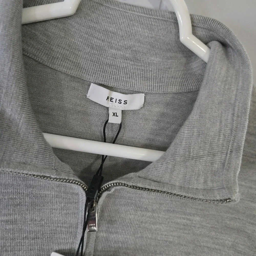 Reiss Blackhaller Quarter Zip Sweater‎ Mens XL Pale Grey Wool Blend Funnel Neck